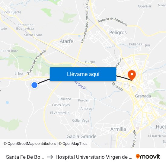 Santa Fe De Bogotá 2 to Hospital Universitario Virgen de Las Nieves map