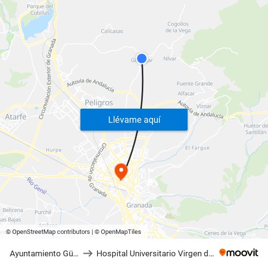 Ayuntamiento Güevéjar V to Hospital Universitario Virgen de Las Nieves map