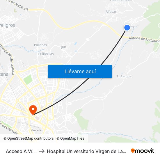 Acceso A Víznar to Hospital Universitario Virgen de Las Nieves map