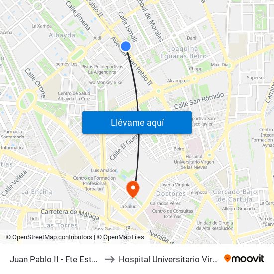 Juan Pablo II - Fte Estación Autobuses to Hospital Universitario Virgen de Las Nieves map