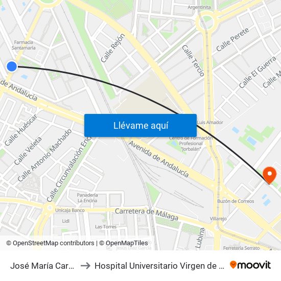 José María Carulla 10 to Hospital Universitario Virgen de Las Nieves map