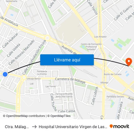 Ctra. Málaga 69 to Hospital Universitario Virgen de Las Nieves map