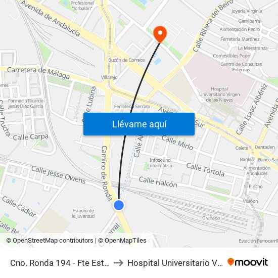 Cno. Ronda 194 - Fte Estadio De La Juventud to Hospital Universitario Virgen de Las Nieves map