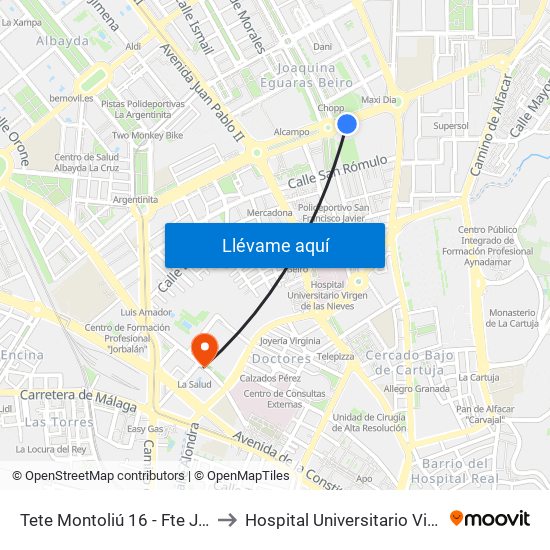 Tete Montoliú 16 - Fte Junta De Andalucía to Hospital Universitario Virgen de Las Nieves map