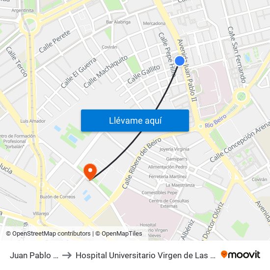 Juan Pablo II 5 to Hospital Universitario Virgen de Las Nieves map