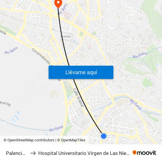 Palencia 4 to Hospital Universitario Virgen de Las Nieves map