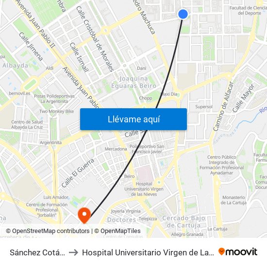 Sánchez Cotán 28 to Hospital Universitario Virgen de Las Nieves map
