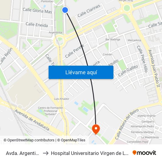 Avda. Argentinita 2 to Hospital Universitario Virgen de Las Nieves map