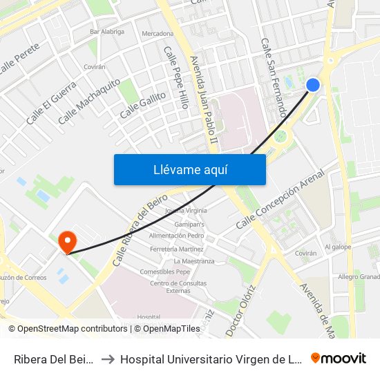 Ribera Del Beiro 43 to Hospital Universitario Virgen de Las Nieves map