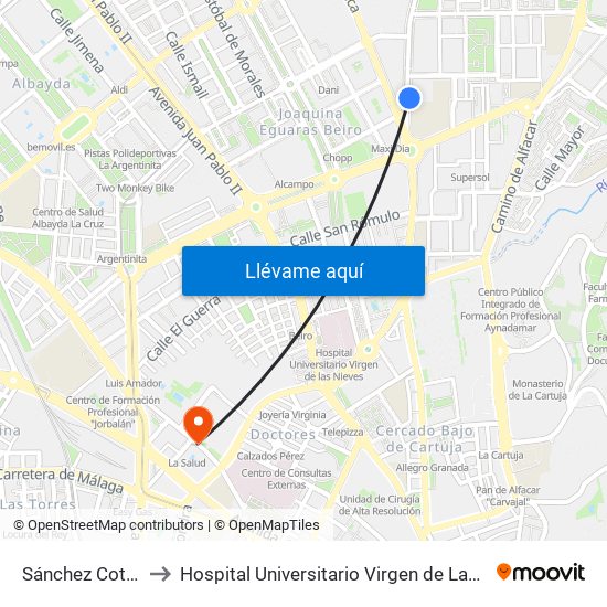 Sánchez Cotán 4 to Hospital Universitario Virgen de Las Nieves map
