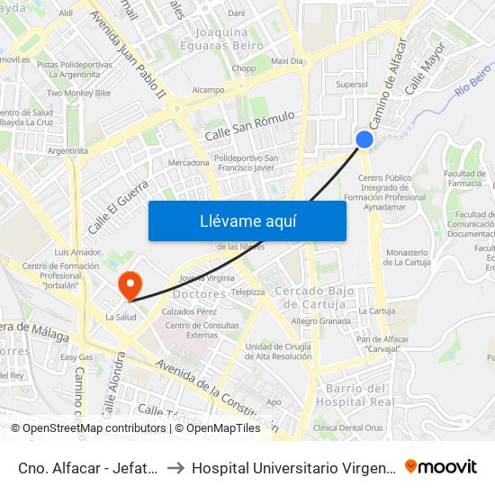 Cno. Alfacar - Jefatura Tráfico to Hospital Universitario Virgen de Las Nieves map