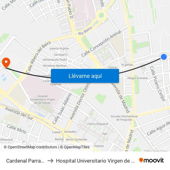 Cardenal Parrado 51 to Hospital Universitario Virgen de Las Nieves map