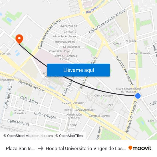 Plaza San Isidro to Hospital Universitario Virgen de Las Nieves map