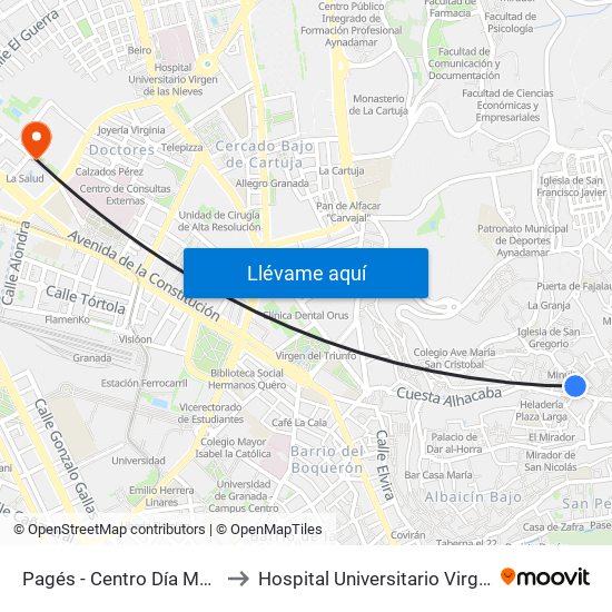 Pagés - Centro Día Mayores Albaicín to Hospital Universitario Virgen de Las Nieves map