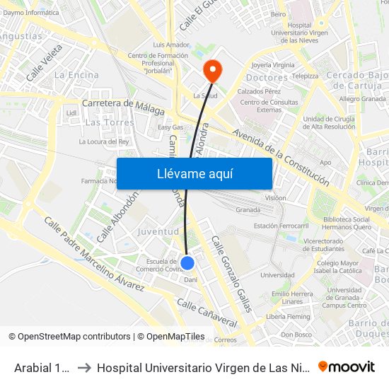 Arabial 109 to Hospital Universitario Virgen de Las Nieves map