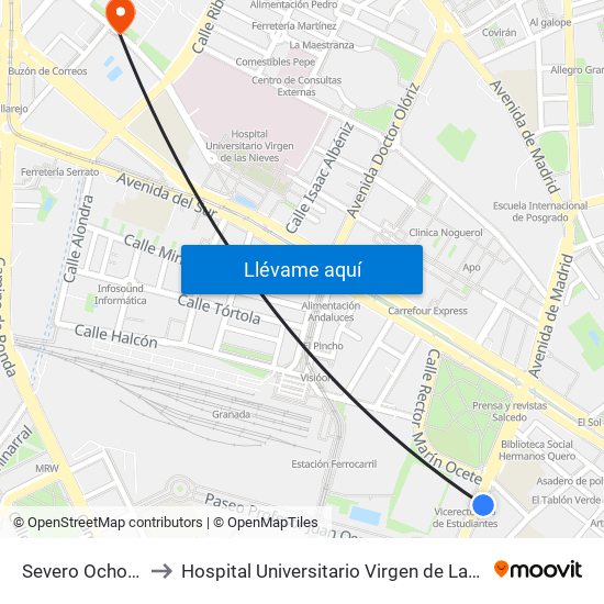 Severo Ochoa 11 to Hospital Universitario Virgen de Las Nieves map