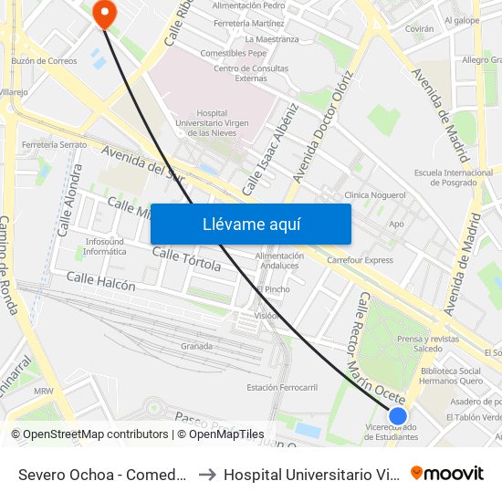 Severo Ochoa - Comedores Universitarios to Hospital Universitario Virgen de Las Nieves map
