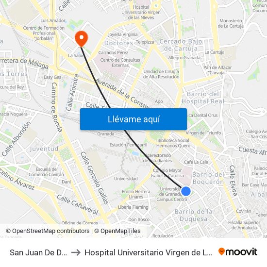 San Juan De Dios 7 to Hospital Universitario Virgen de Las Nieves map