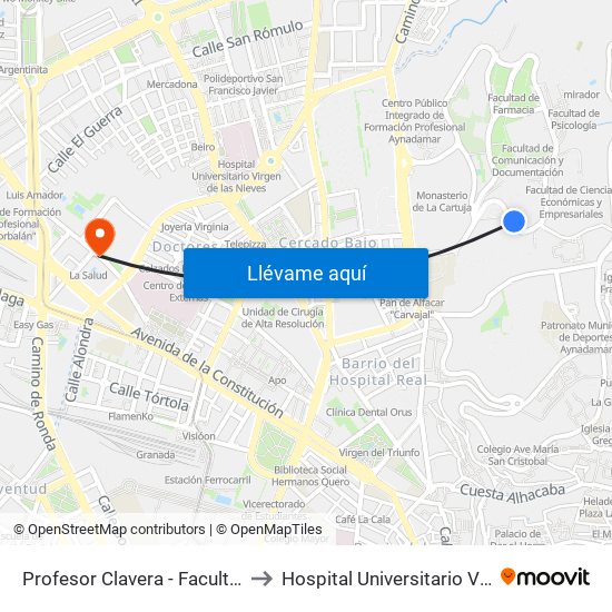 Profesor Clavera - Facultad Filosofía Y Letras to Hospital Universitario Virgen de Las Nieves map