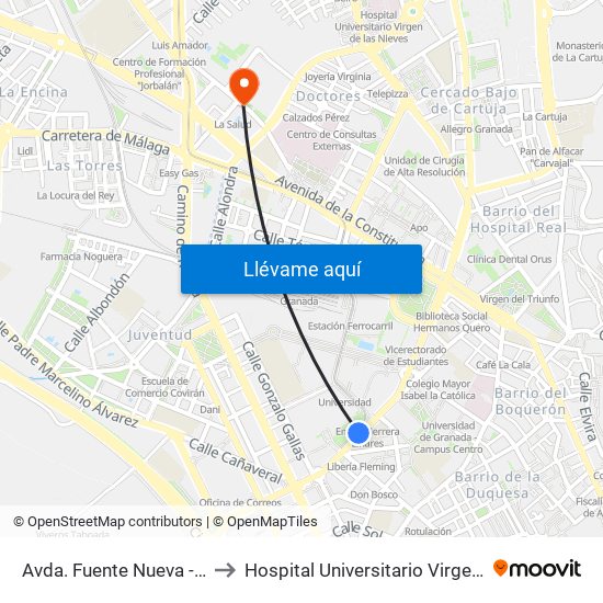 Avda. Fuente Nueva - Universidad to Hospital Universitario Virgen de Las Nieves map