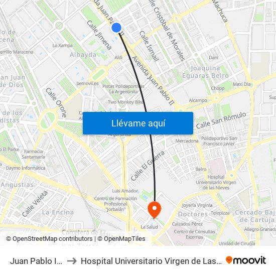 Juan Pablo II 57 to Hospital Universitario Virgen de Las Nieves map