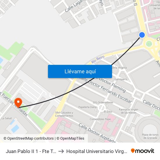 Juan Pablo II 1 - Fte Traumatología to Hospital Universitario Virgen de Las Nieves map
