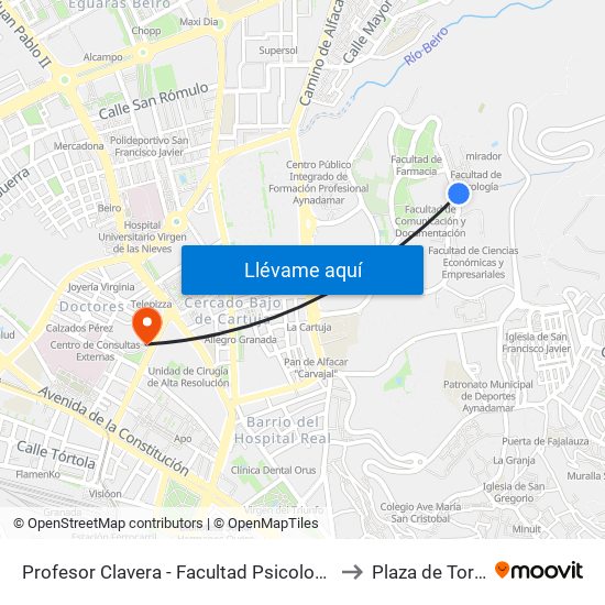 Profesor Clavera - Facultad Psicología 1 to Plaza de Toros map