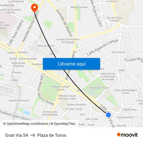 Gran Vía 54 to Plaza de Toros map