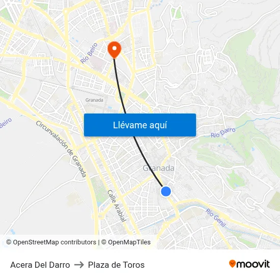 Acera Del Darro to Plaza de Toros map