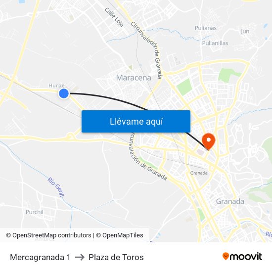 Mercagranada 1 to Plaza de Toros map