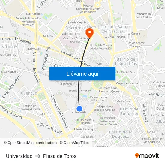 Universidad to Plaza de Toros map