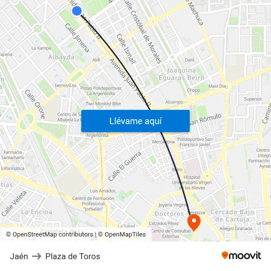 Jaén to Plaza de Toros map