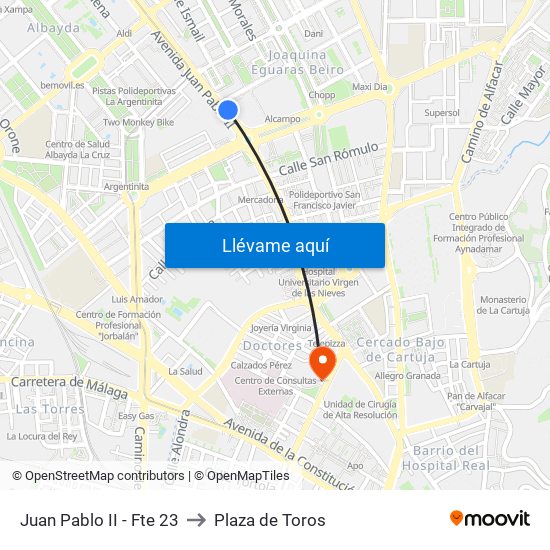 Juan Pablo II - Fte 23 to Plaza de Toros map