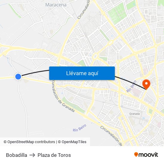 Bobadilla to Plaza de Toros map