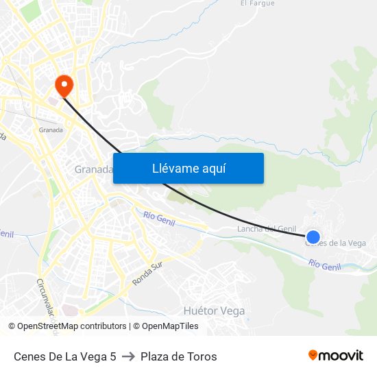 Cenes De La Vega 5 to Plaza de Toros map
