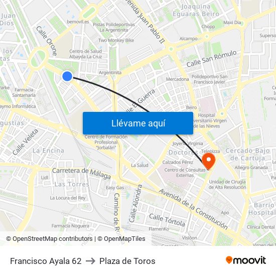Francisco Ayala 62 to Plaza de Toros map