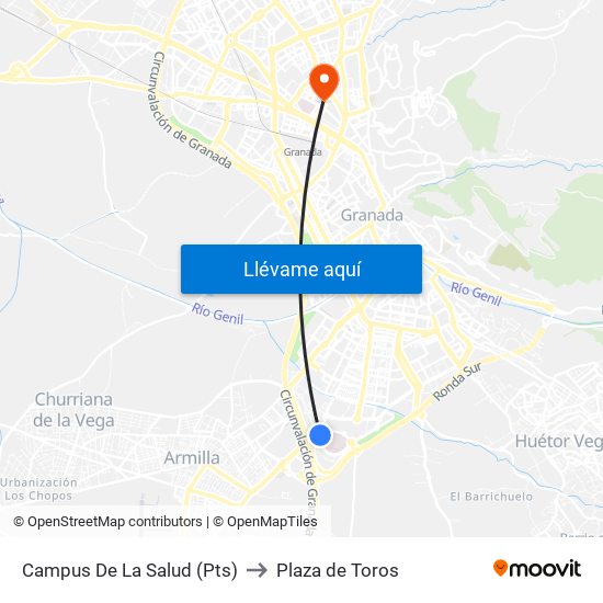 Campus De La Salud (Pts) to Plaza de Toros map