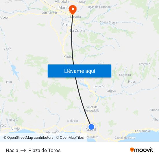 Nacla to Plaza de Toros map