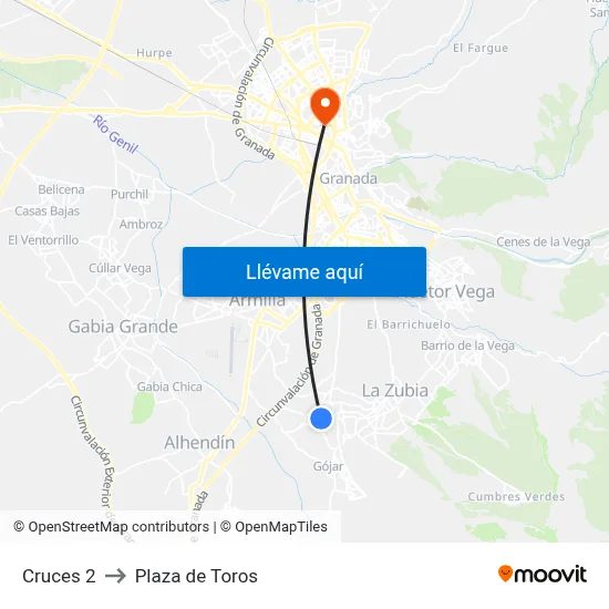 Cruces 2 to Plaza de Toros map