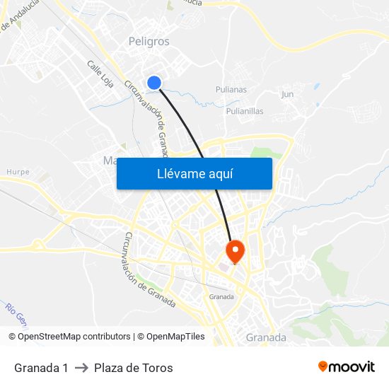 Granada 1 to Plaza de Toros map