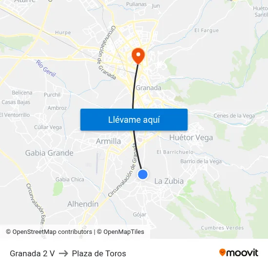 Granada 2 V to Plaza de Toros map