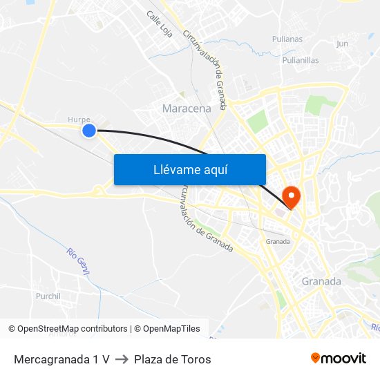 Mercagranada 1 V to Plaza de Toros map