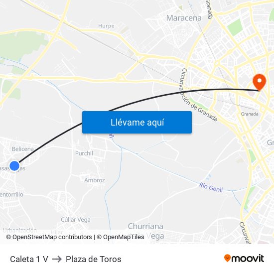 Caleta 1 V to Plaza de Toros map