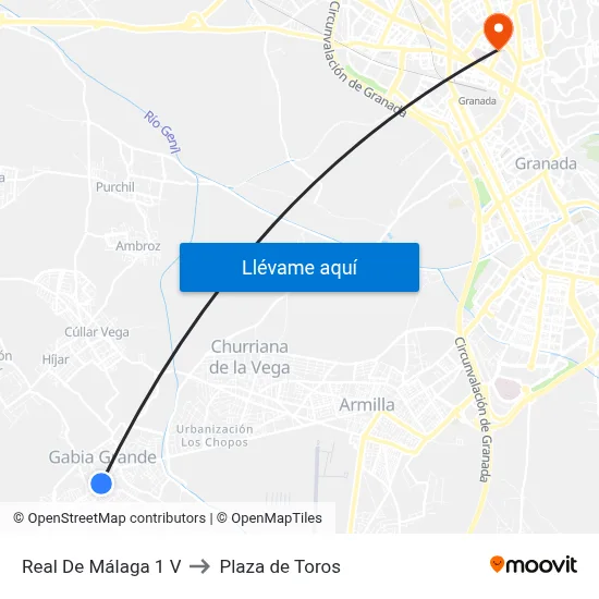 Real De Málaga 1 V to Plaza de Toros map