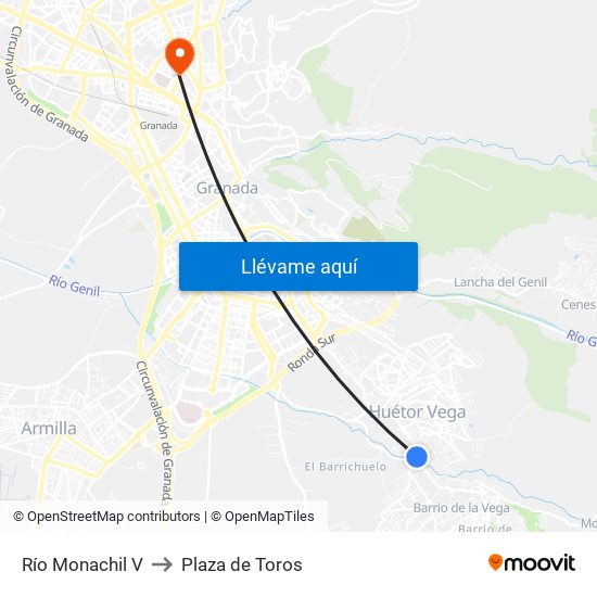 Río Monachil V to Plaza de Toros map