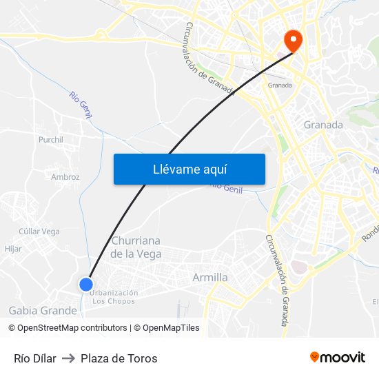 Río Dílar to Plaza de Toros map