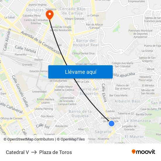 Catedral V to Plaza de Toros map