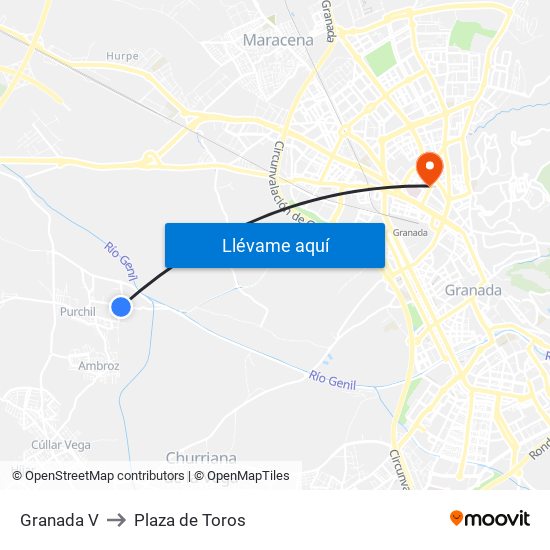 Granada V to Plaza de Toros map