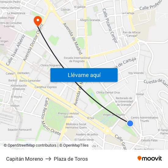 Capitán Moreno to Plaza de Toros map