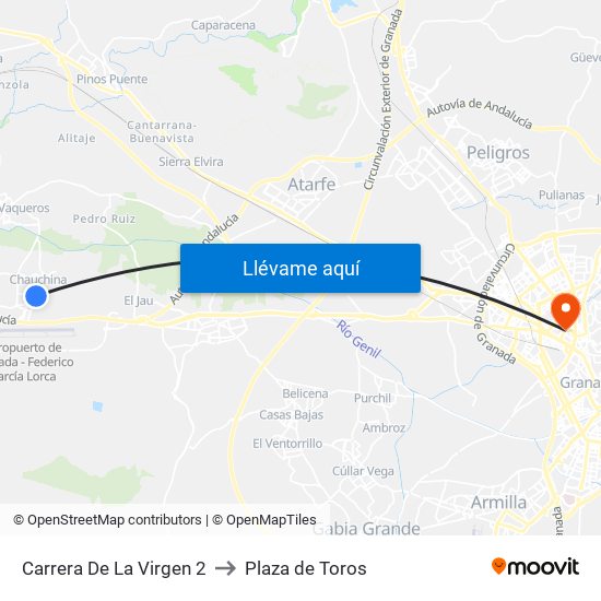 Carrera De La Virgen 2 to Plaza de Toros map